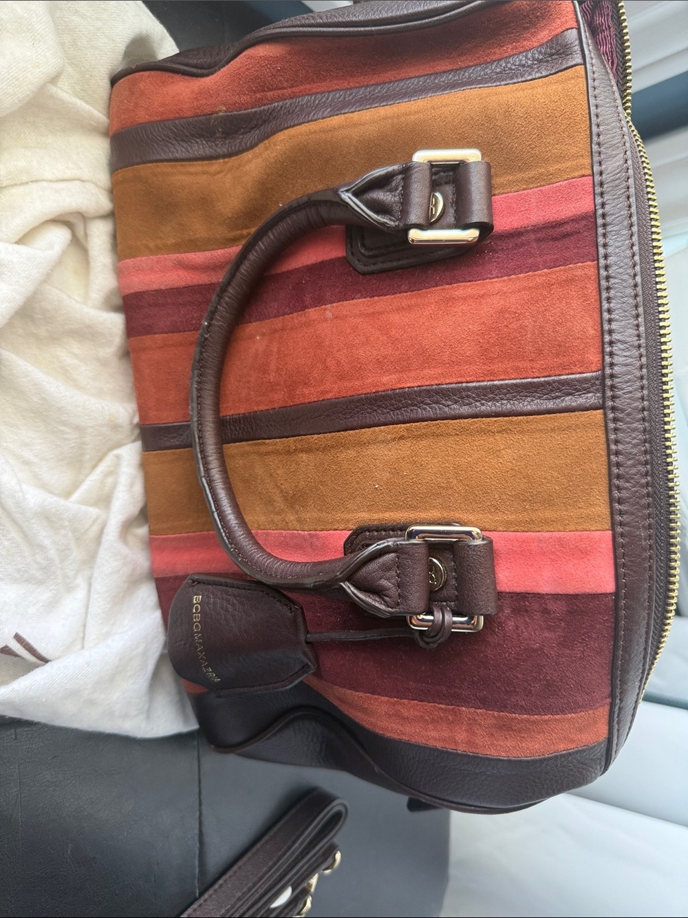 BCBGMaxAzria Brown & Rust Striped Suede Satchel